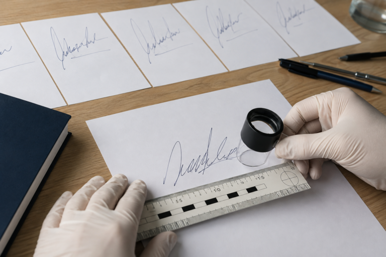 Perito realizando análise grafotécnica de assinatura manuscrita
